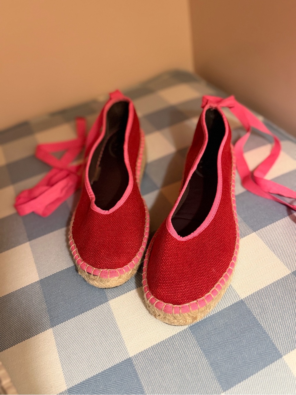 Flabelus Women’s Red Espadrille Flats with Pink Trim and Ankle Ties